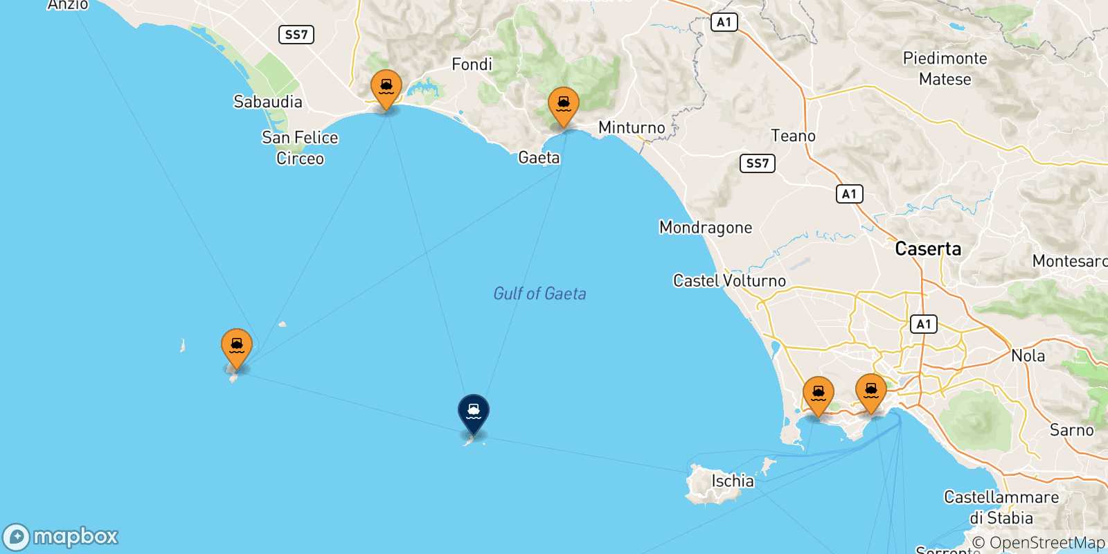 Carte des traversées possibles entre l'Italie et Ventotene