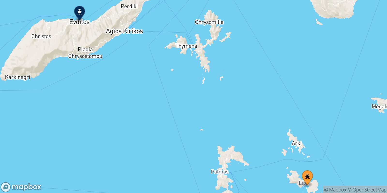 Carte des traverséesLipsi Agios Kirikos (Ikaria)