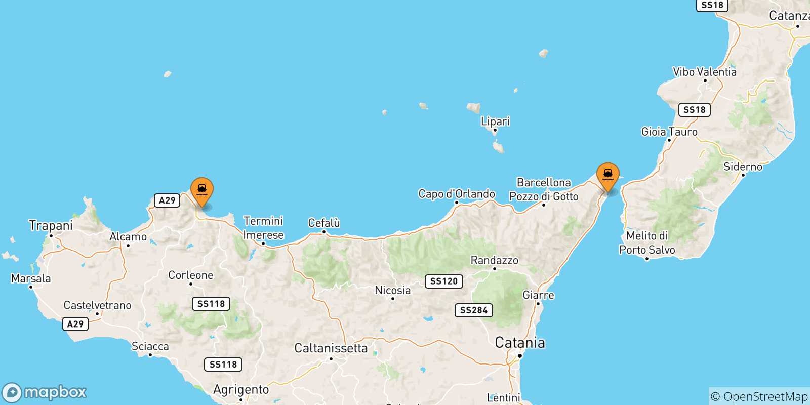 Carte des traversées possibles entre la Sicile et Milazzo