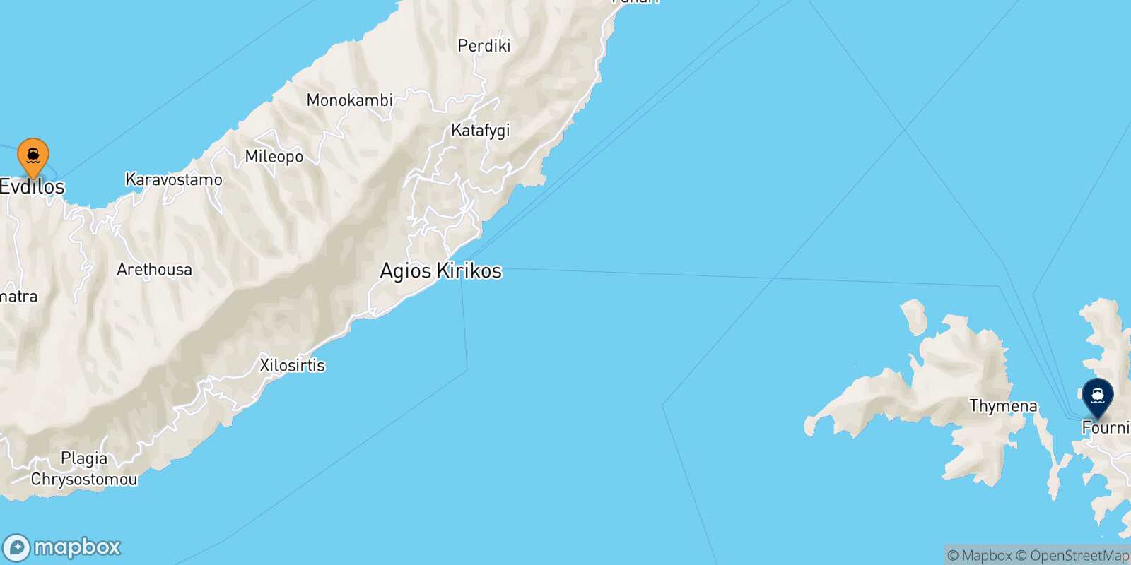 Carte des traverséesAgios Kirikos (Ikaria) Fourni
