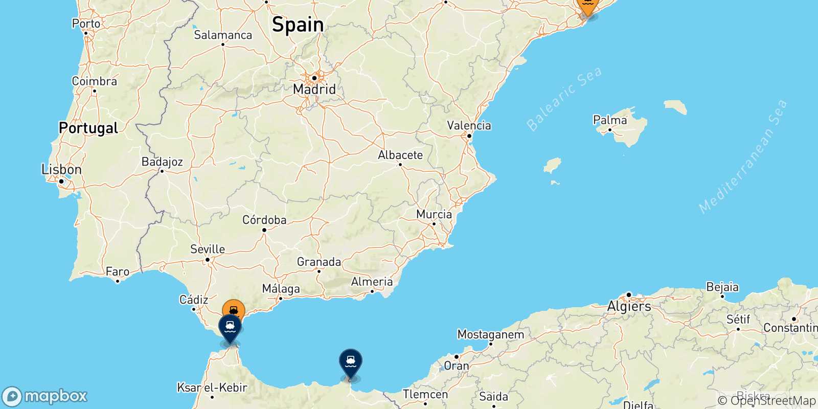 Carte des traversées possibles entre l'Espagne et le Maroc