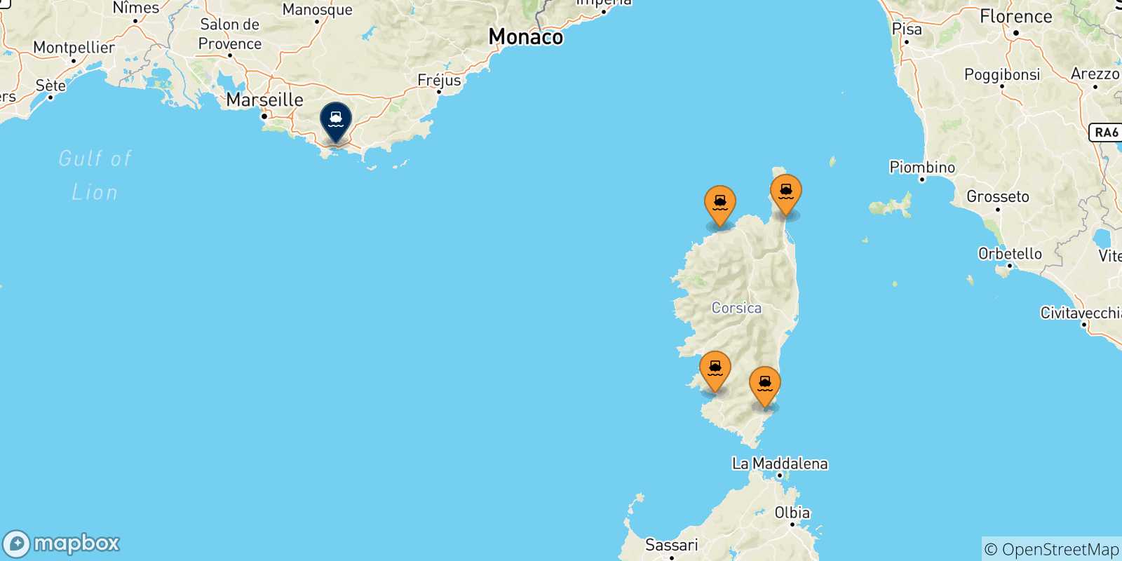 Carte des traversées possibles entre la Corse et Toulon