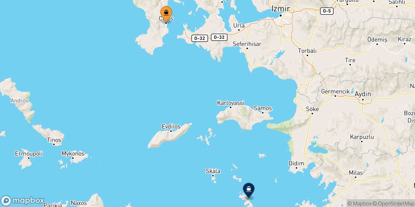 Carte des traverséesChios Leros