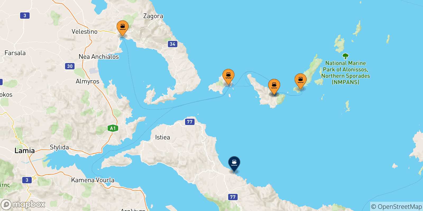 Carte des traversées possibles entre la Grèce et Mantoudi (Evia)