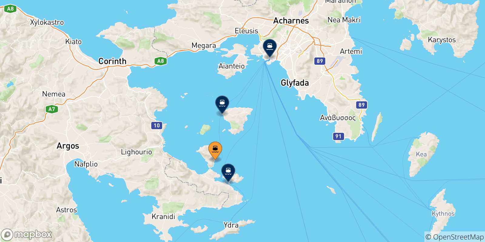 Carte des traversées possibles entre Methana et la Grèce