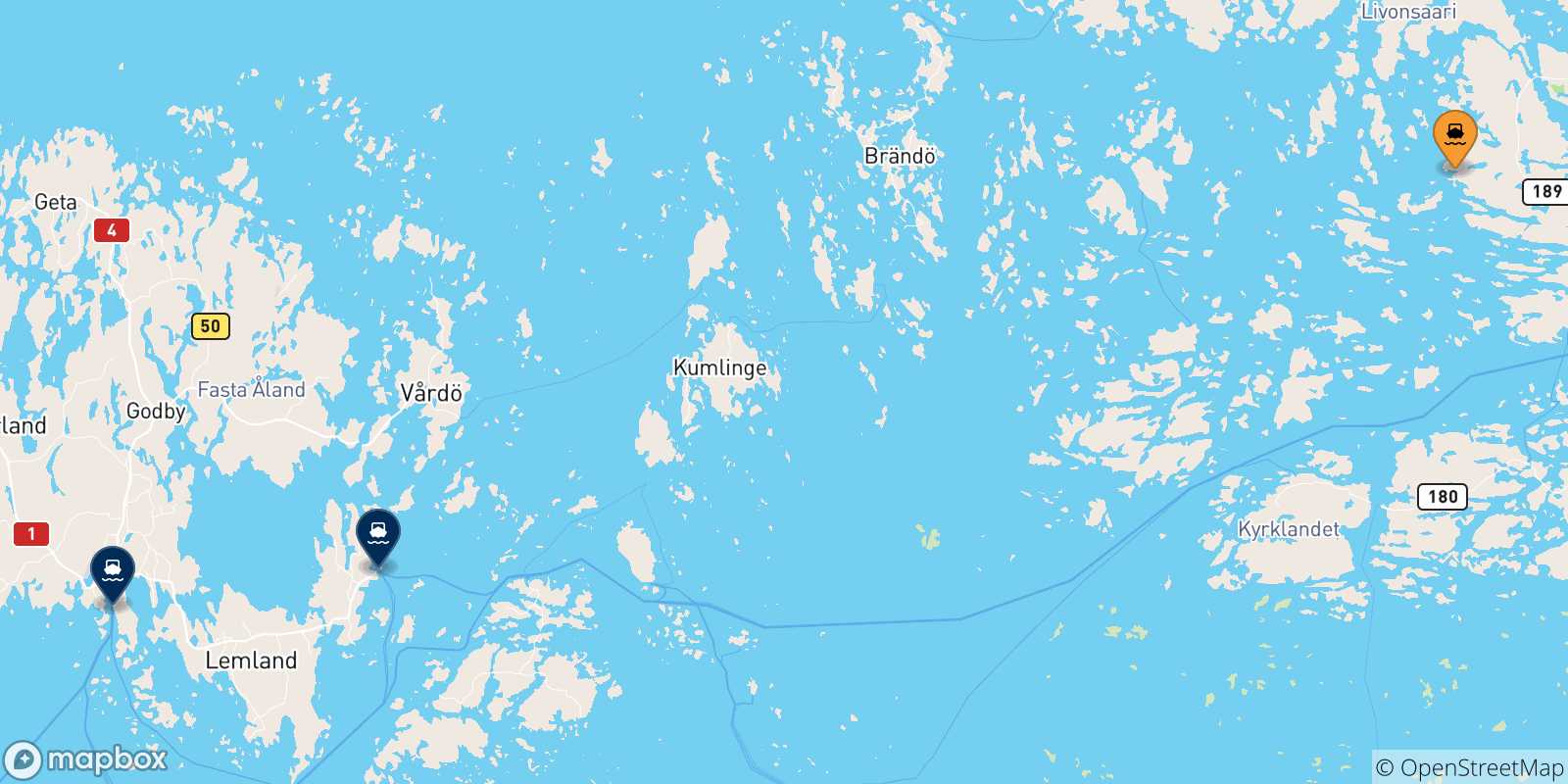 Carte des traversées possibles entre Turku et les Îles Aland