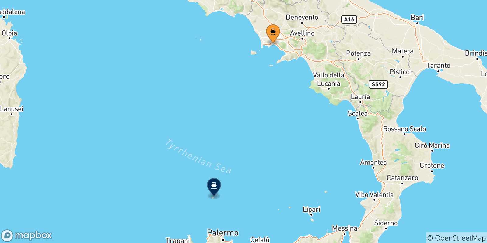 Carte des traversées possibles entre Naples Beverello et l'Île D'ustica