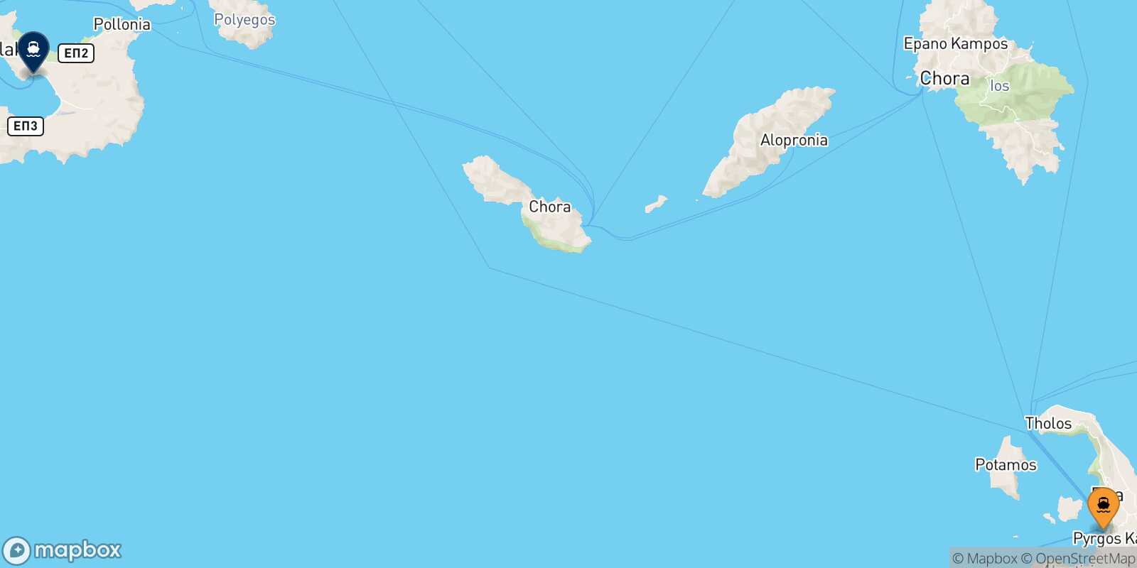 Carte des traverséesThera (Santorin) Milos