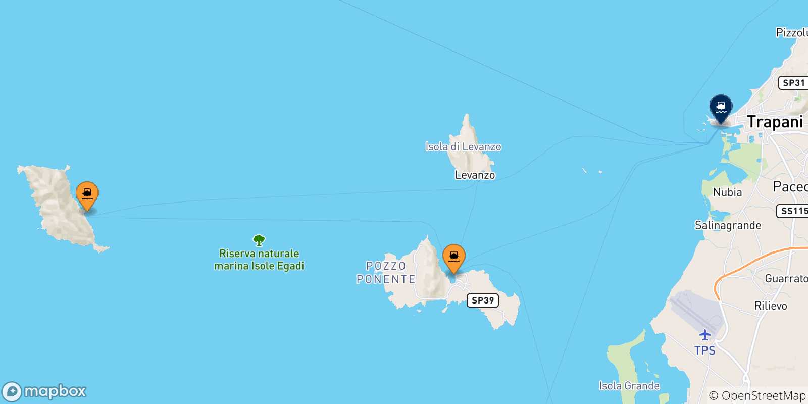 Carte des traversées possibles entre les Îles Égades et Marsala