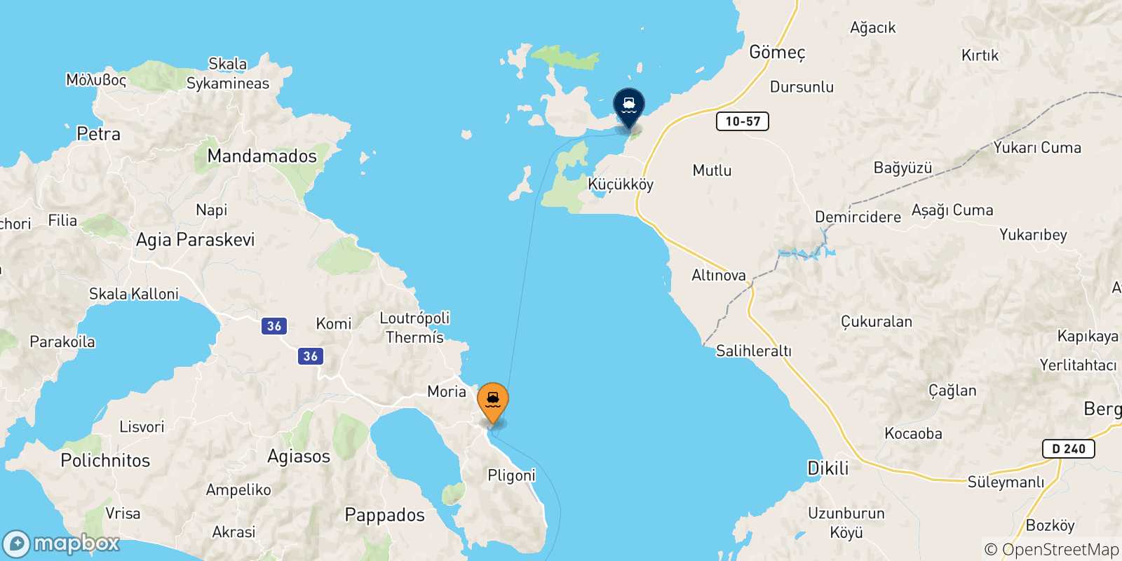 Carte des traversées possibles entre Mytilene (Lesvos) et la Turquie