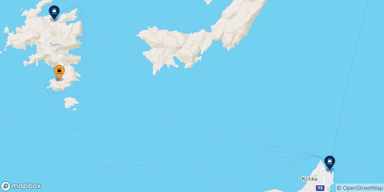 Carte des traversées possibles entre Panormitis (Symi) et la Grèce