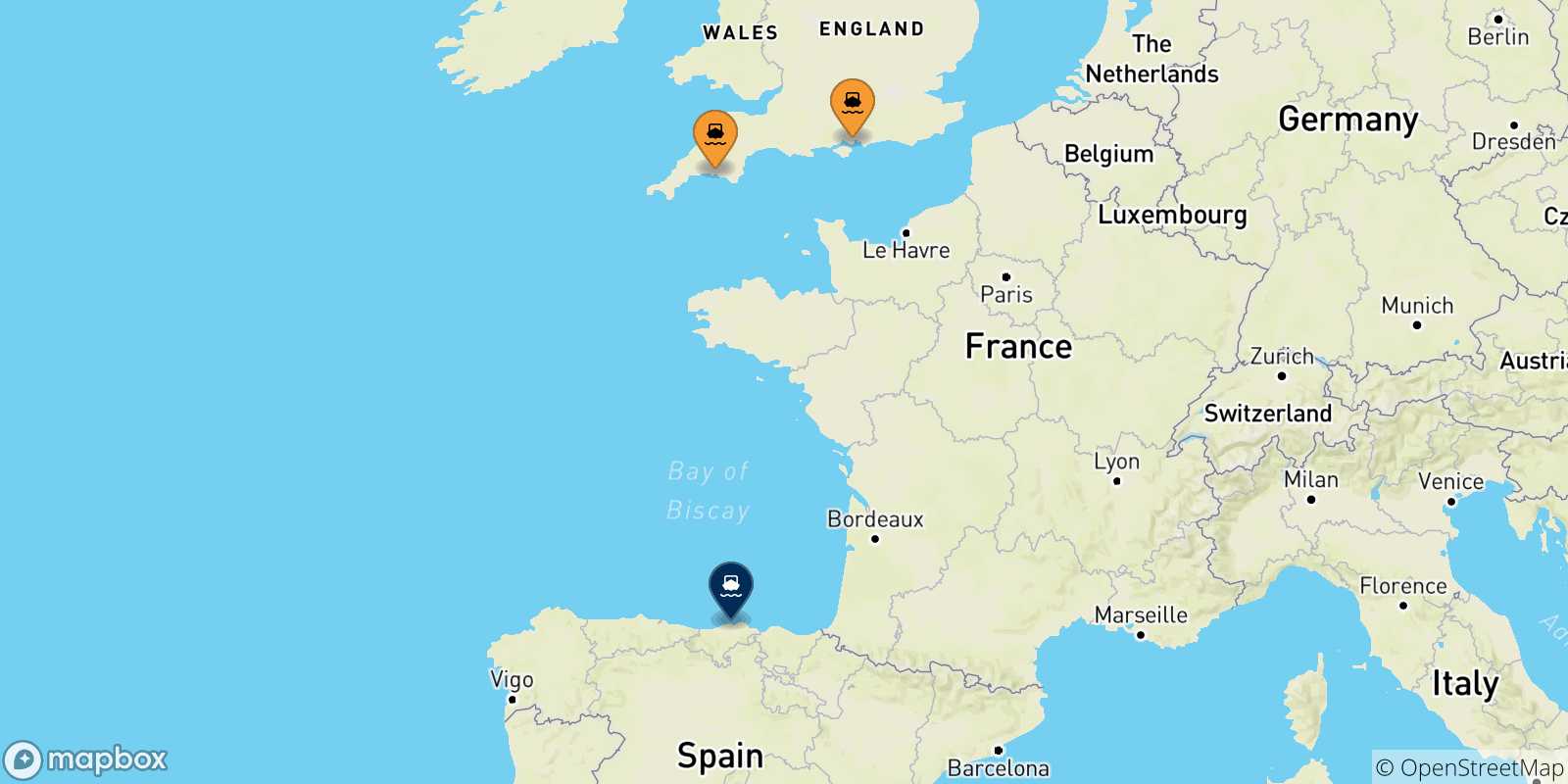 Carte des traversées possibles entre l'Angleterre et Santander