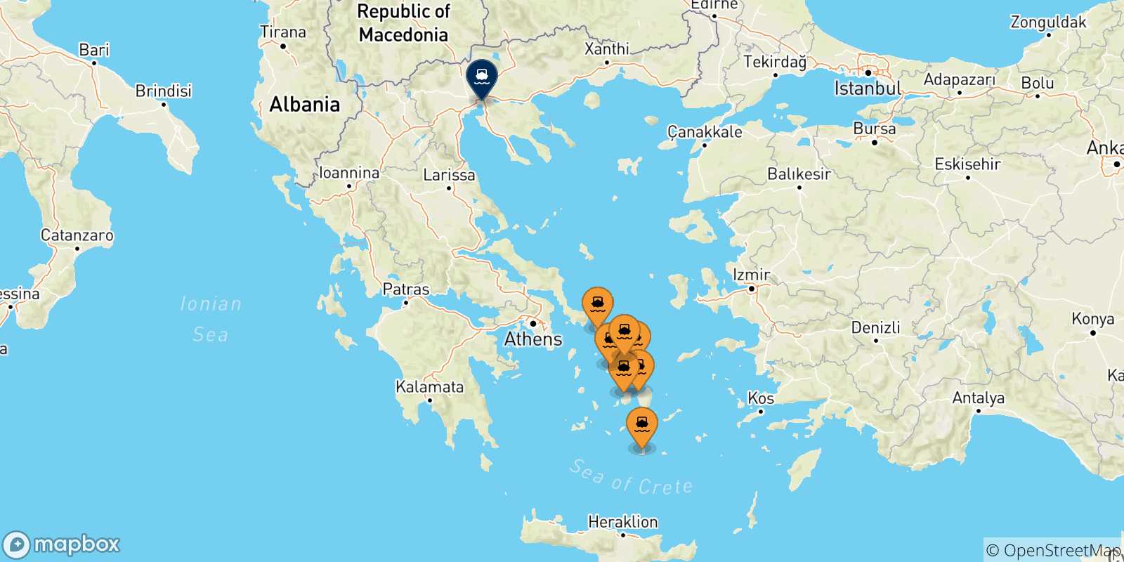 Carte des traversées possibles entre Îles Des Cyclades et Thessalonique