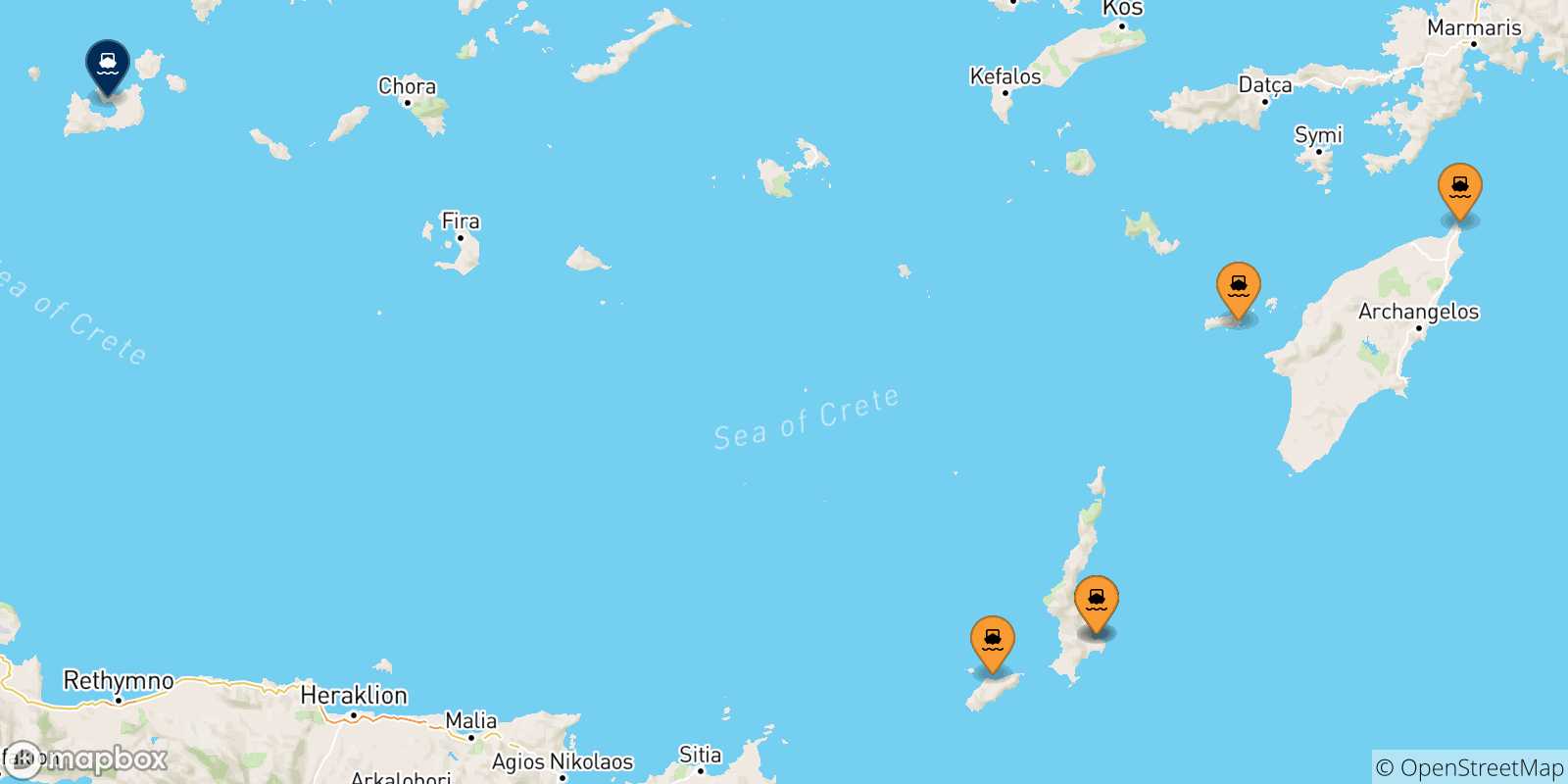 Carte des traversées possibles entre Îles Du Dodécanèse et Milos