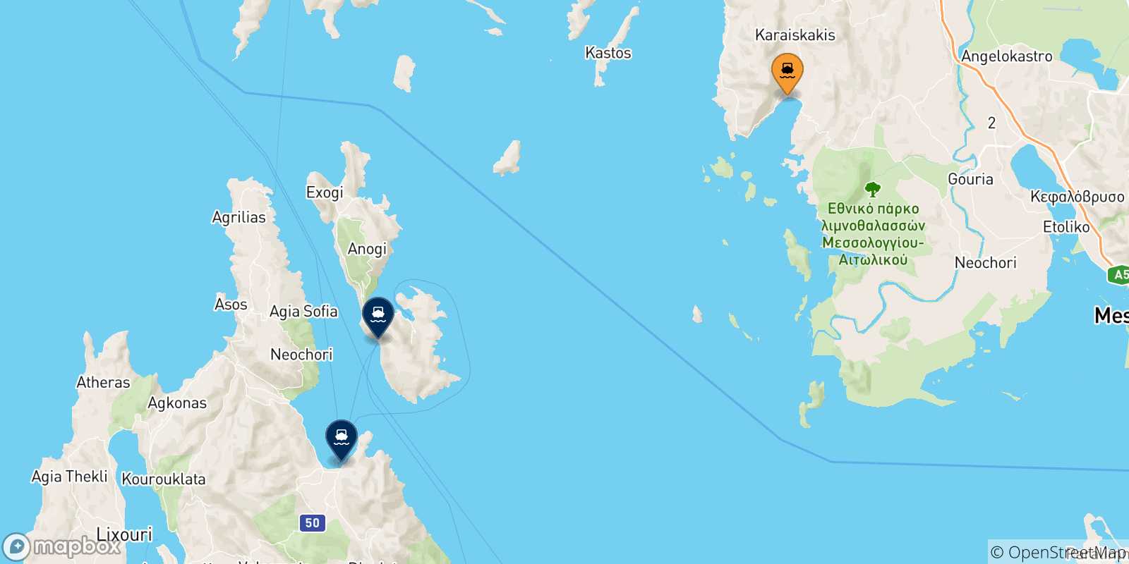 Carte des traversées possibles entre Astakos et la Grèce