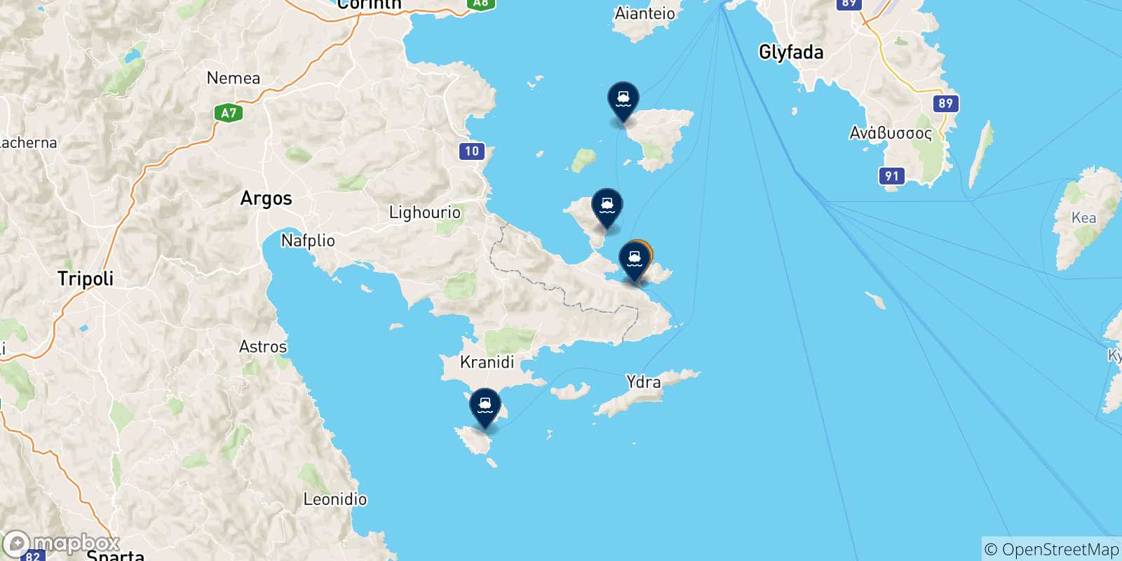 Carte des traversées possibles entre Poros et les Îles Saroniques