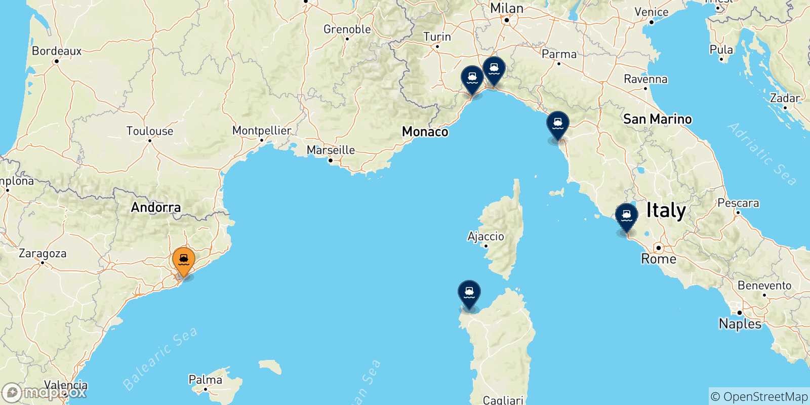 Carte des traversées possibles entre l'Espagne et l'Italie