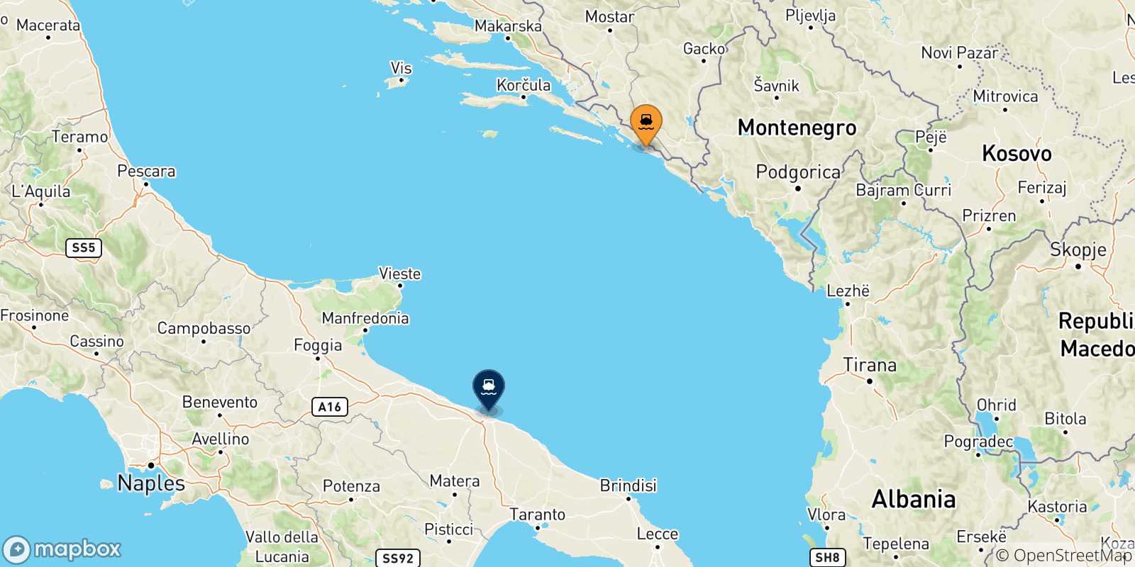 Carte des traversées possibles entre Dubrovnik et l'Italie
