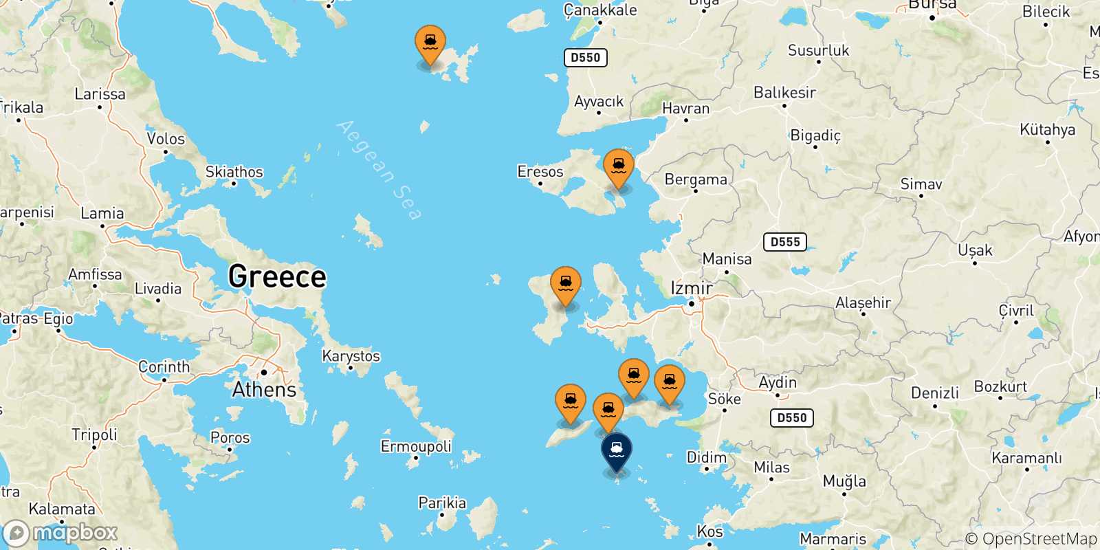 Carte des traversées possibles entre les Îles Égéennes et Patmos