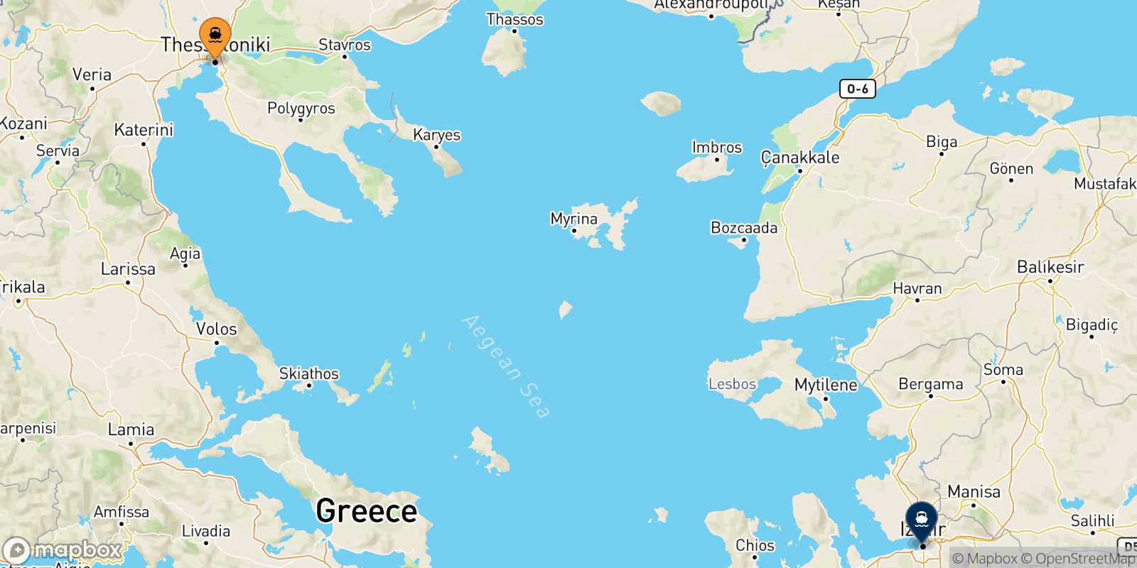 Carte des traverséesThessalonique Izmir