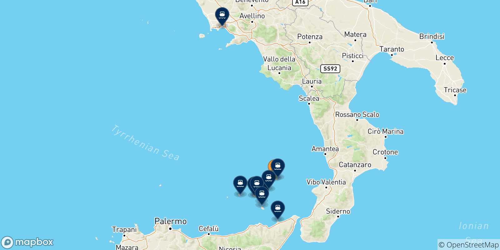 Carte des traversées possibles entre Ginostra (Stromboli) et l'Italie