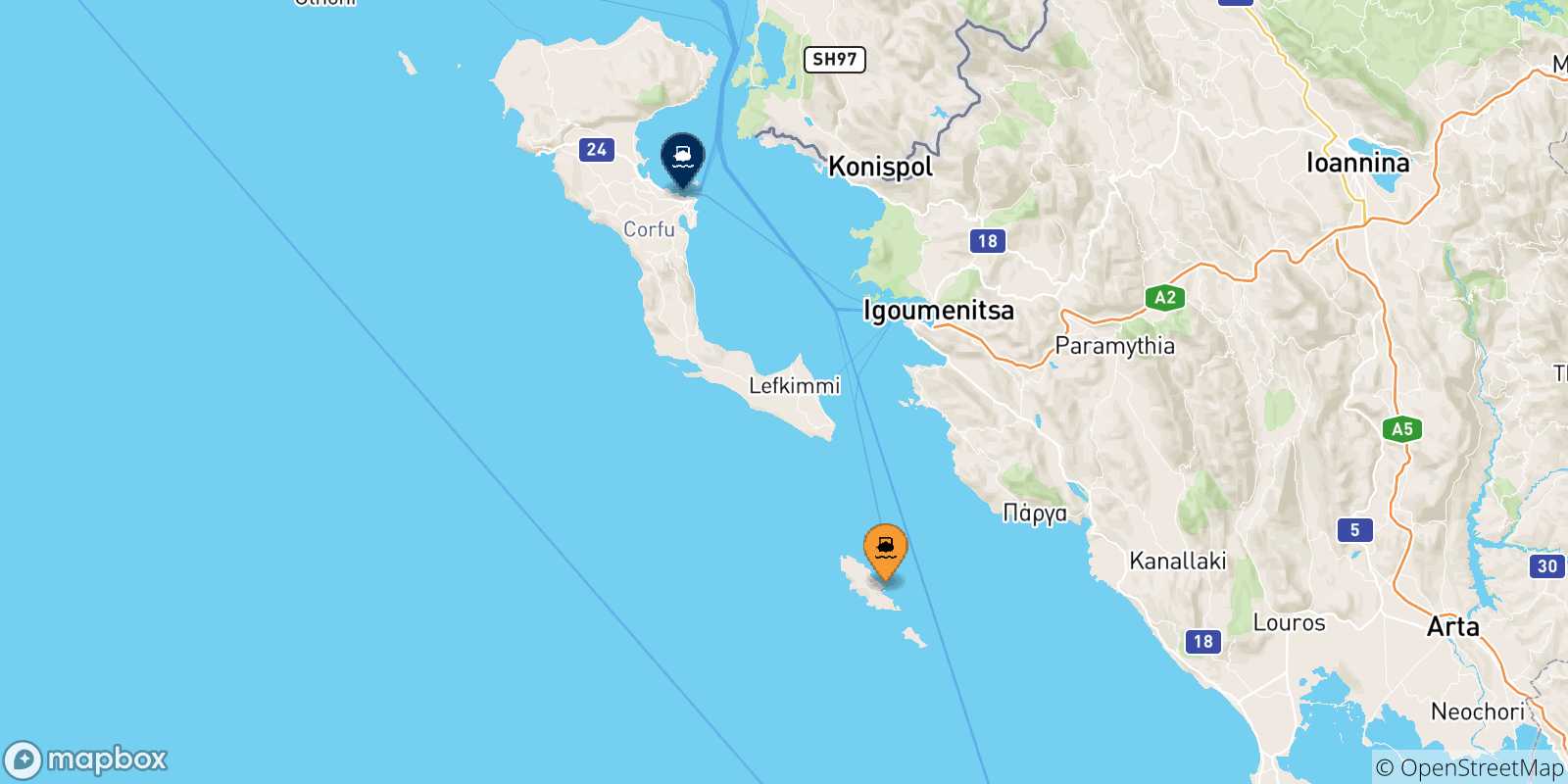Carte des traversées possibles entre Paxos et la Grèce