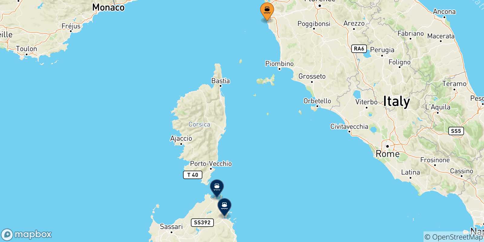 Carte des traversées possibles entre Livourne et la Sardaigne