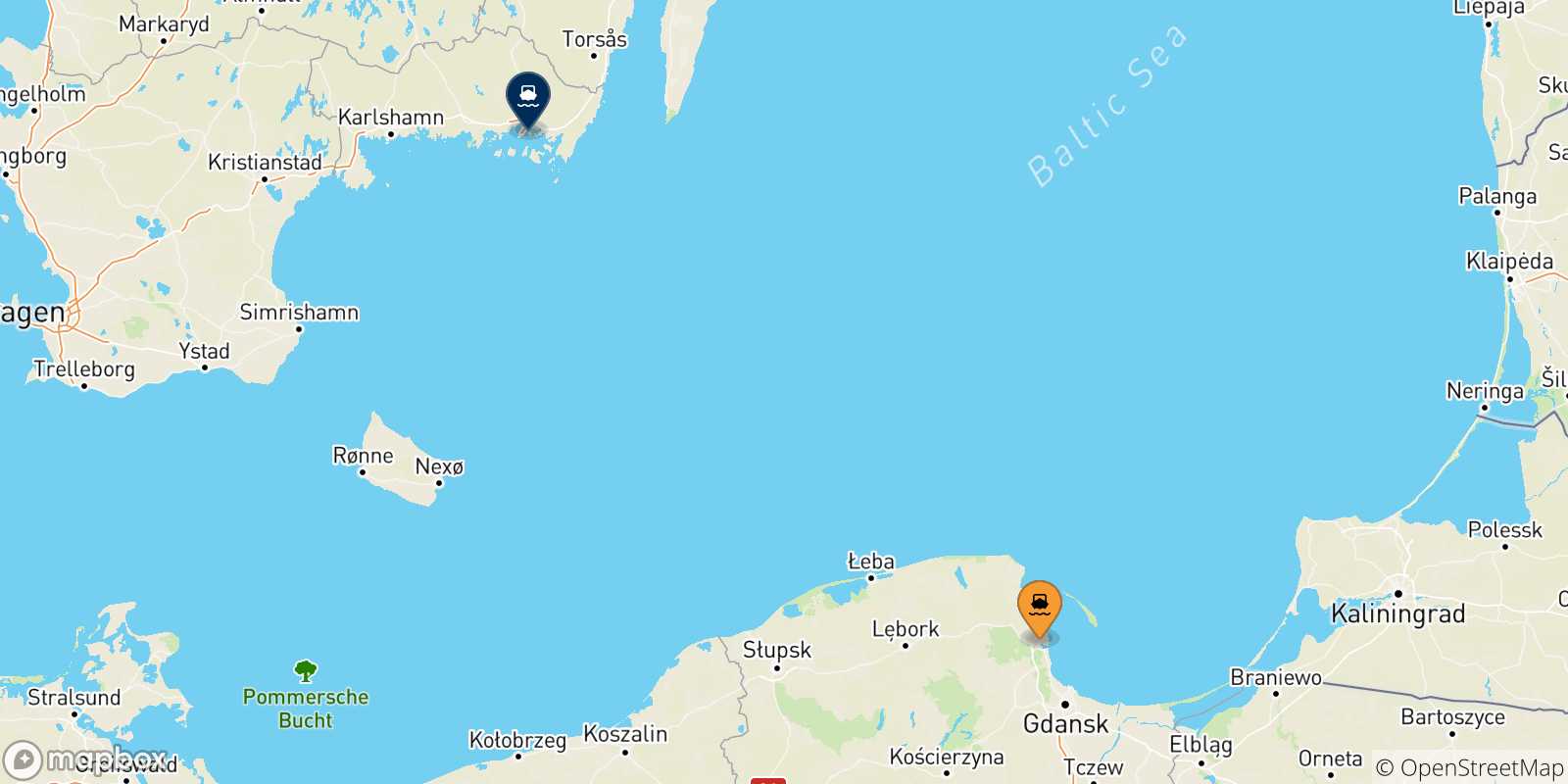 Carte des traversées possibles entre Gdynia et la Suède