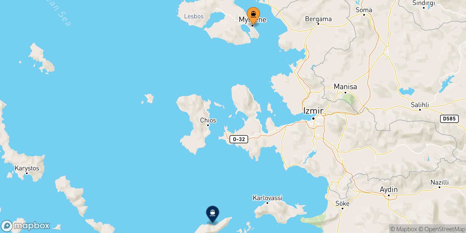Carte des traverséesMytilene (Lesvos) Evdilos (Ikaria)