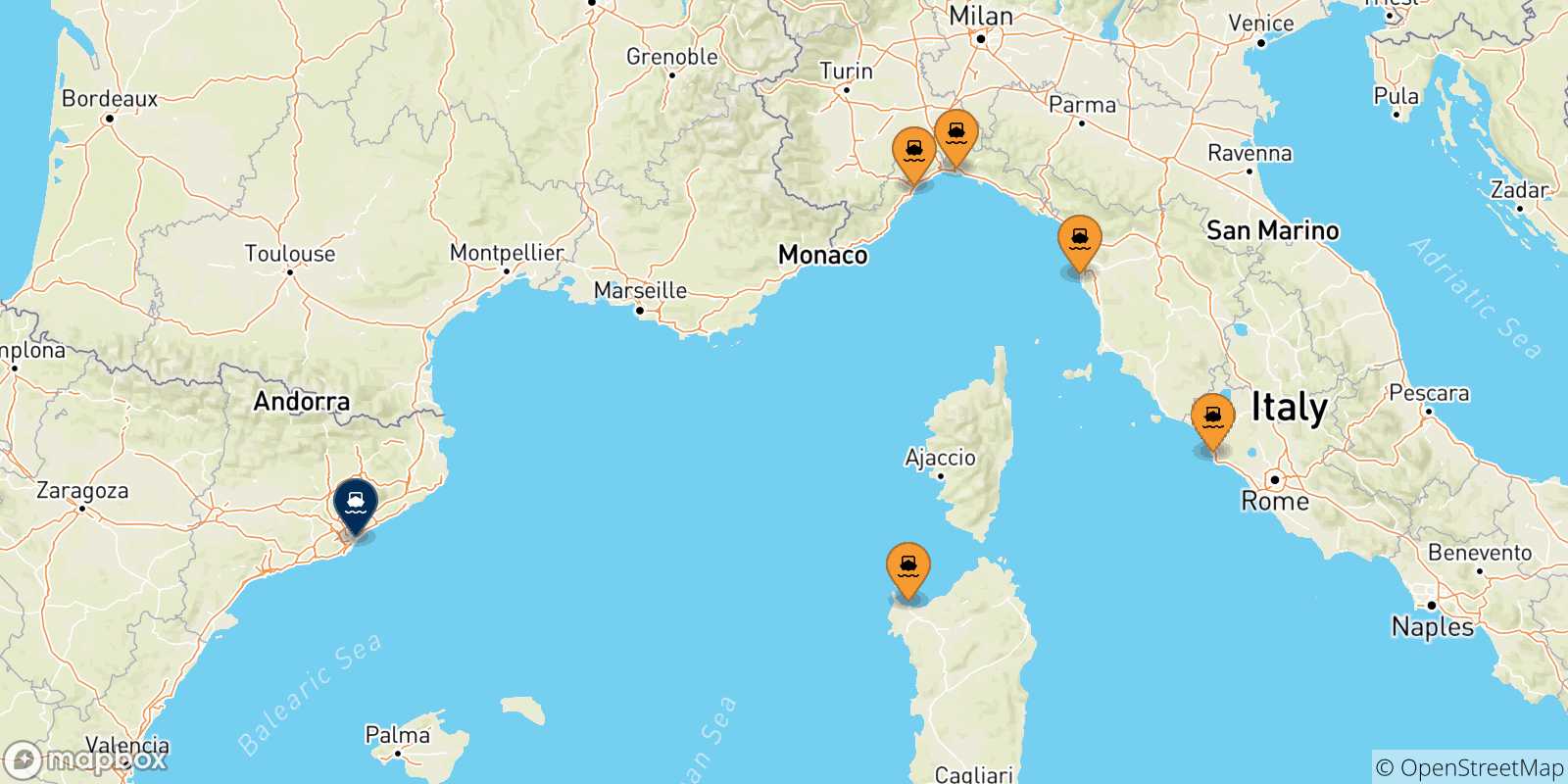 Carte des traversées possibles entre l'Italie et Barcelone