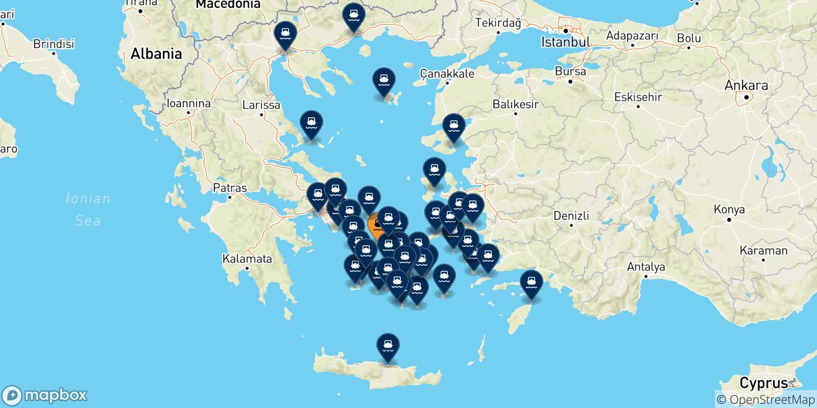 Carte des traversées possibles entre Syros et la Grèce