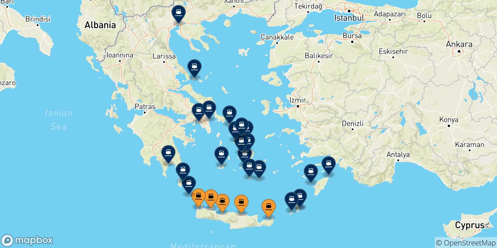 Carte des traversées possibles entre la Crète et la Grèce