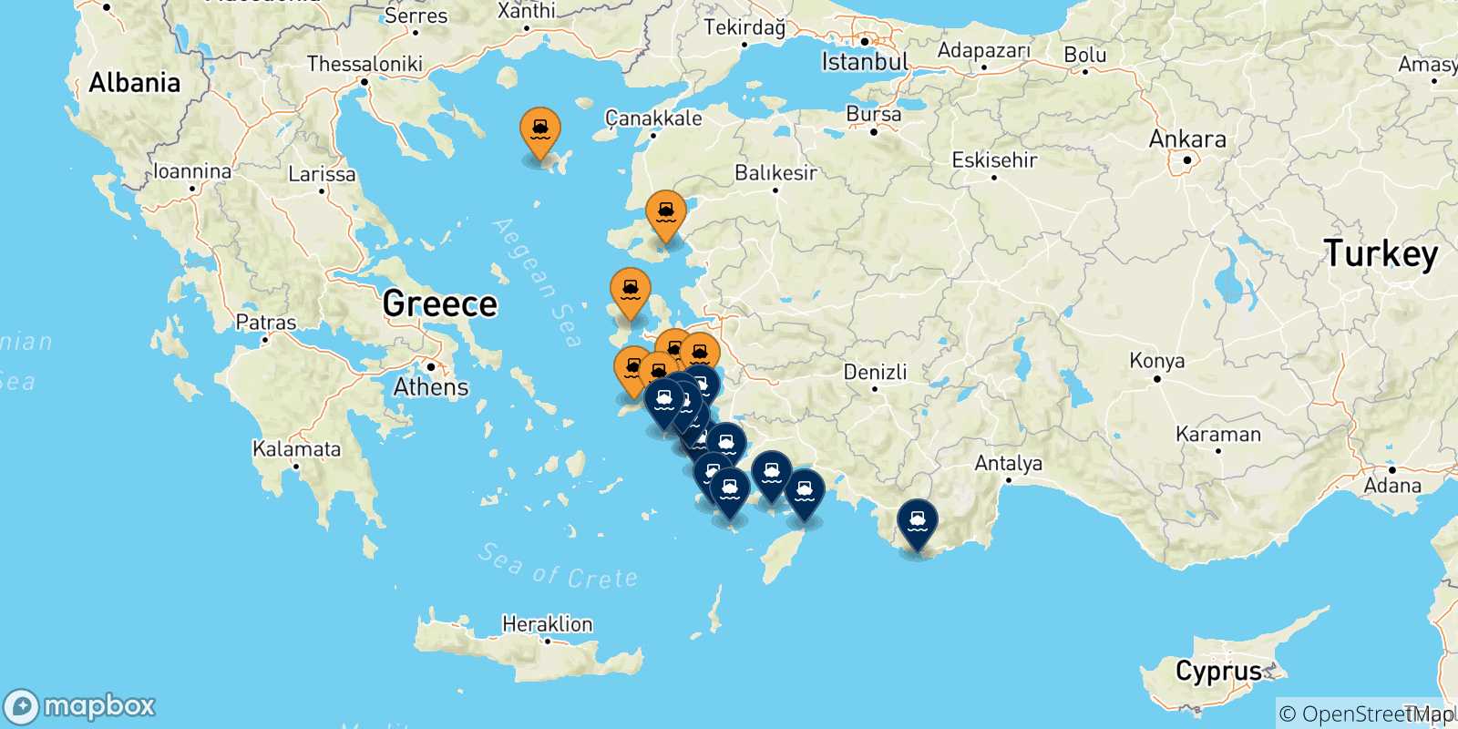 Carte des traversées possibles entre les Îles Égéennes et Îles Du Dodécanèse