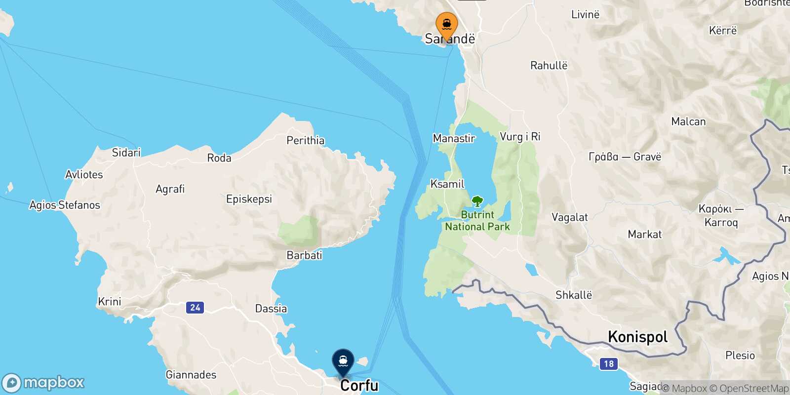 Carte des traverséesSaranda Corfou