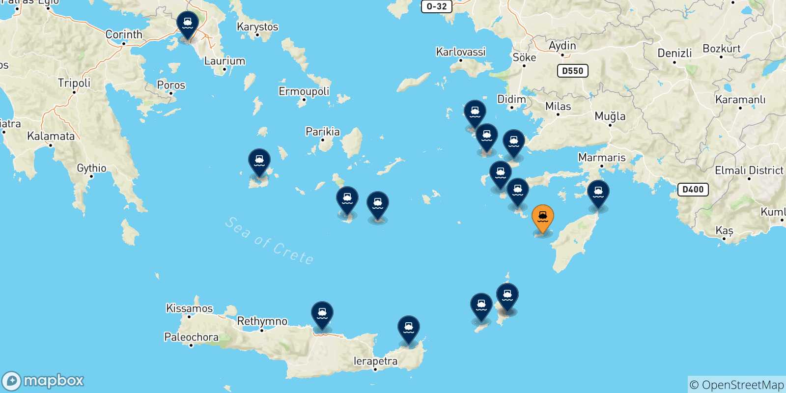 Carte des traversées possibles entre Chalki et la Grèce