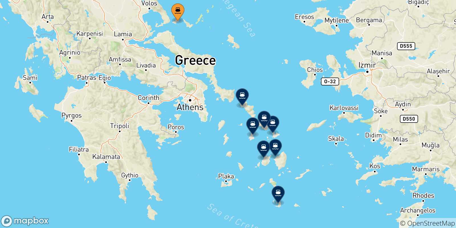 Carte des traversées possibles entre Skiathos et Îles Des Cyclades