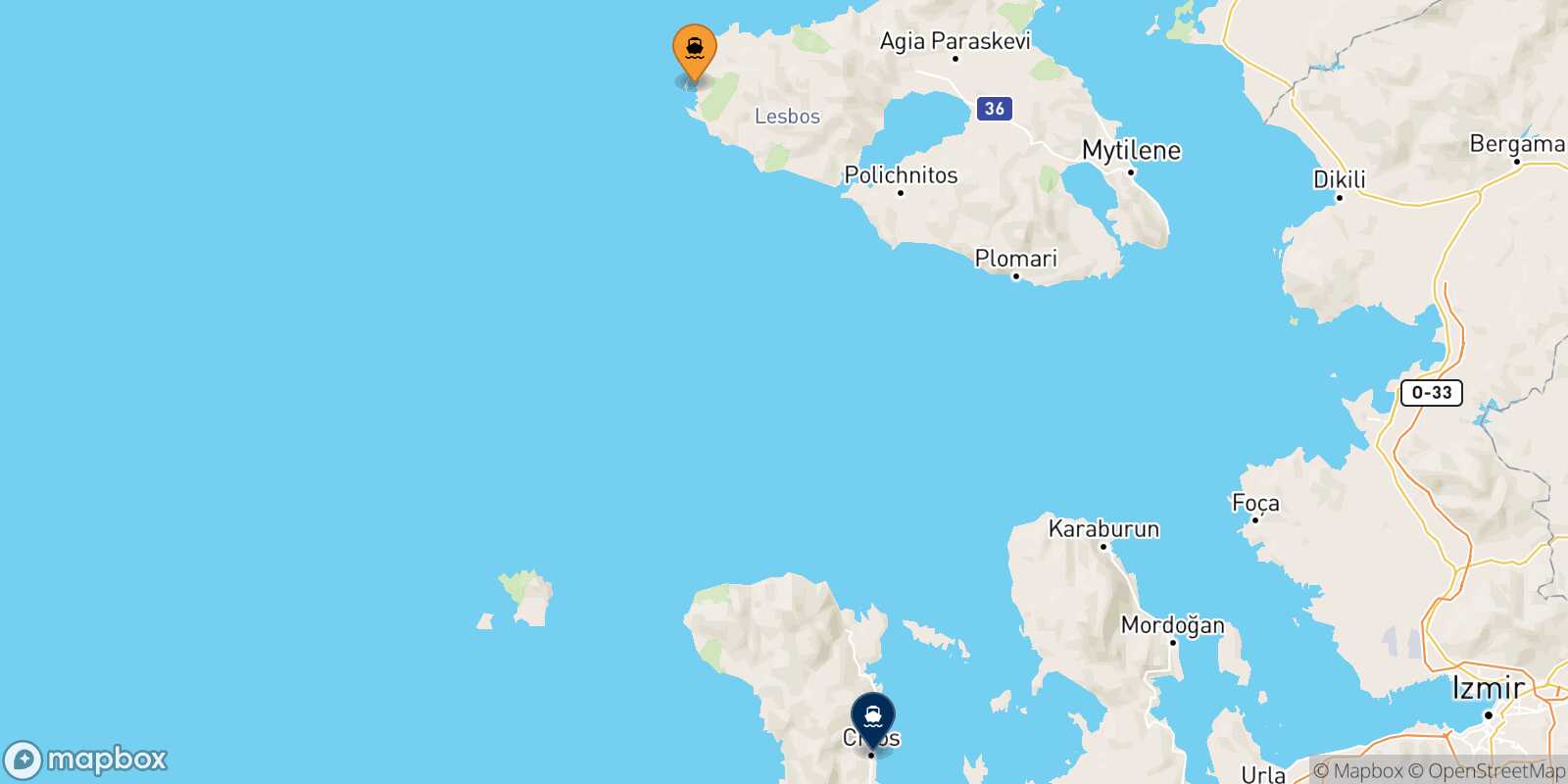 Carte des traverséesSigri (Lesvos) Mesta Chios
