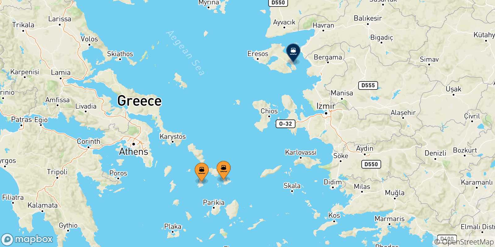 Carte des traversées possibles entre Îles Des Cyclades et Mytilene (Lesvos)