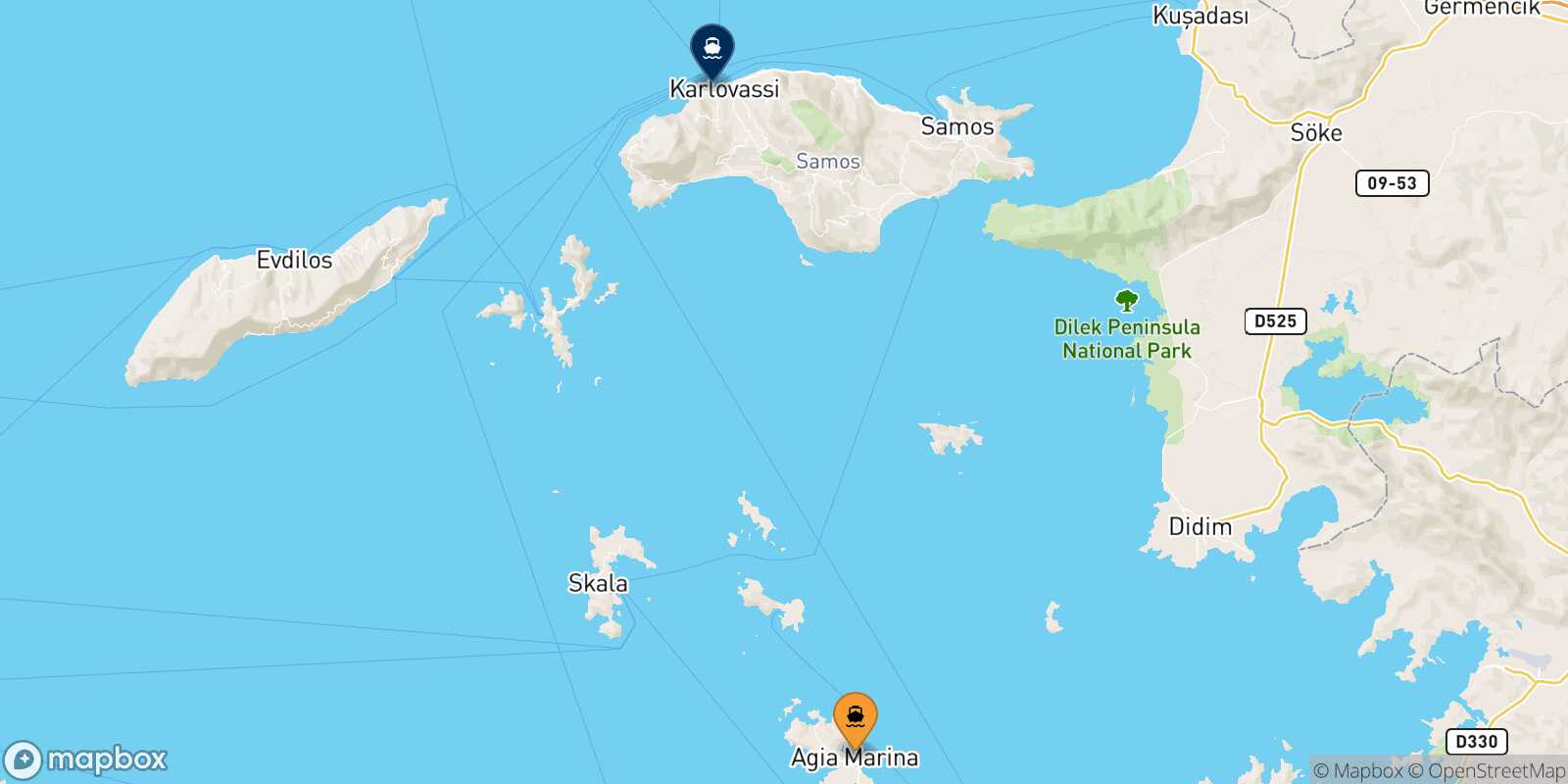 Carte des traverséesAgia Marina (Leros) Pythagorio (Samos)