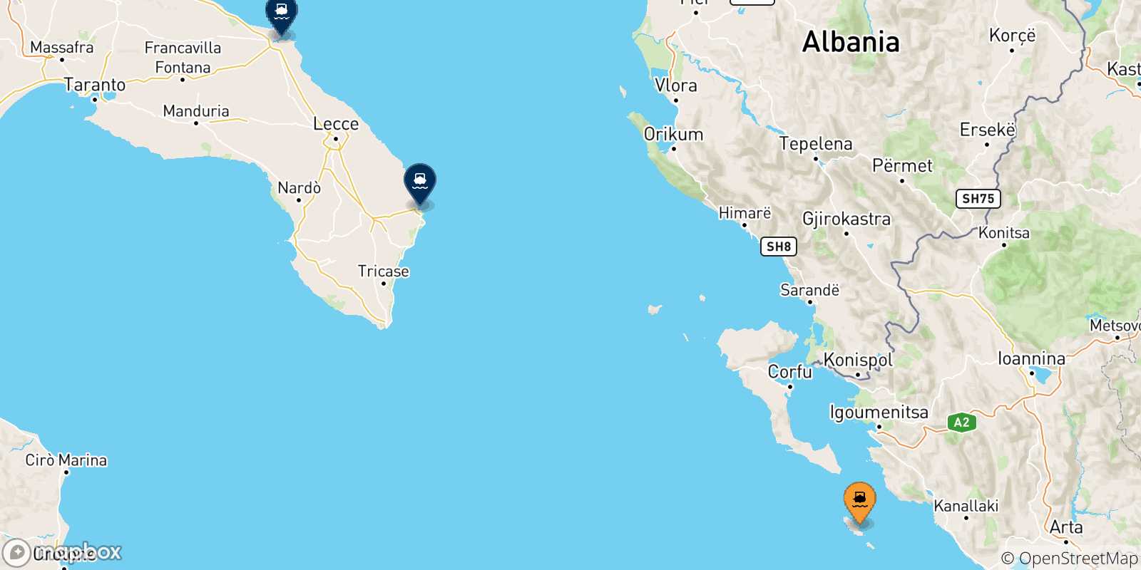 Carte des traversées possibles entre Paxos et l'Italie