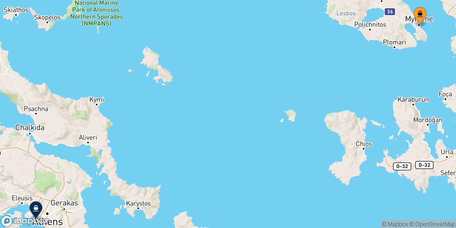 Carte des traverséesMytilene (Lesvos) Le Piree