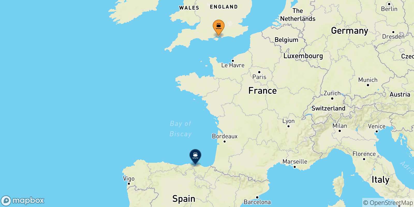 Carte des traversées possibles entre l'Angleterre et Bilbao