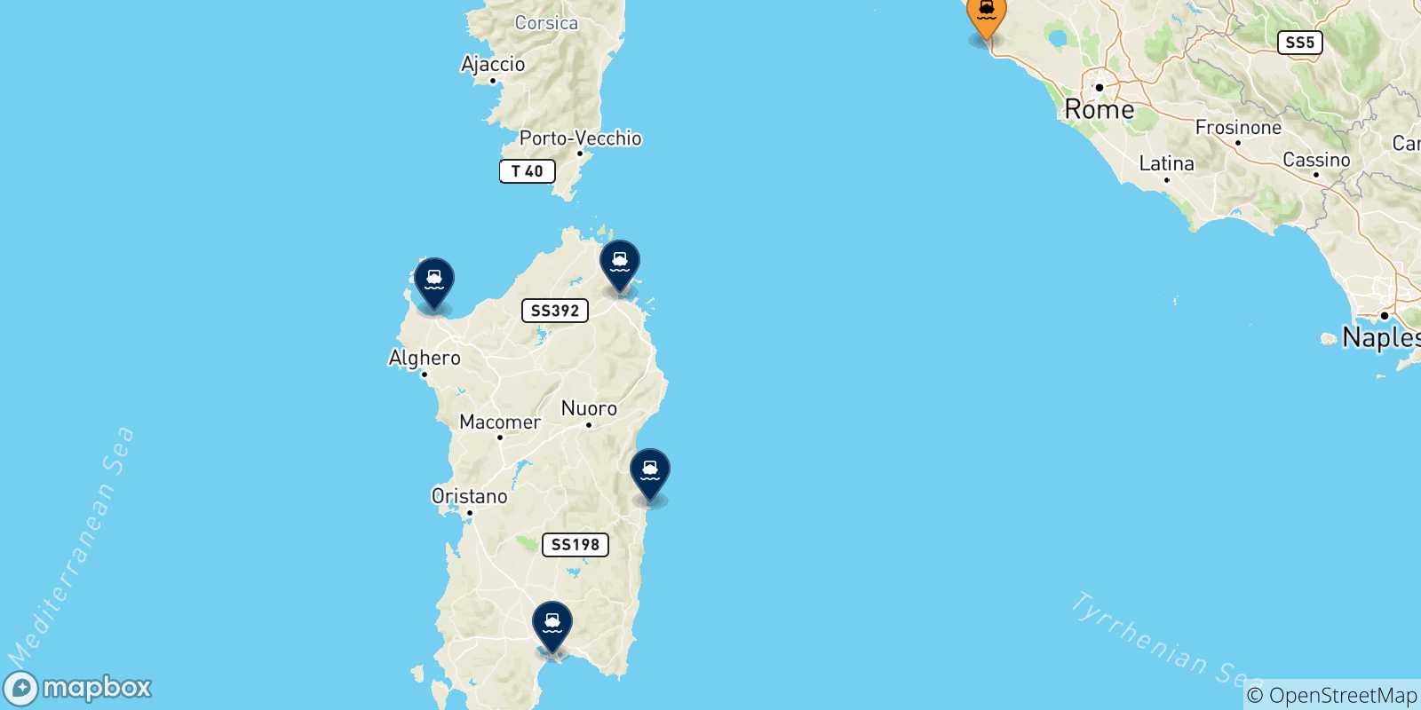 Carte des traversées possibles entre Civitavecchia et la Sardaigne