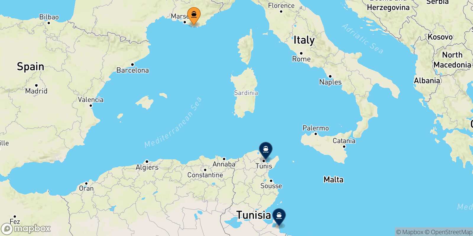 Carte des destinations de Toulon
