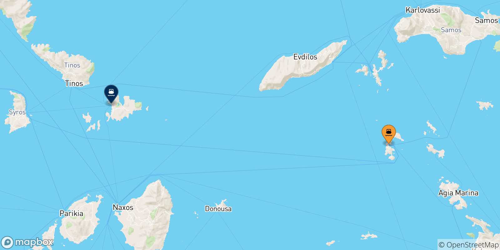 Carte des traversées possibles entre Îles Du Dodécanèse et Mykonos