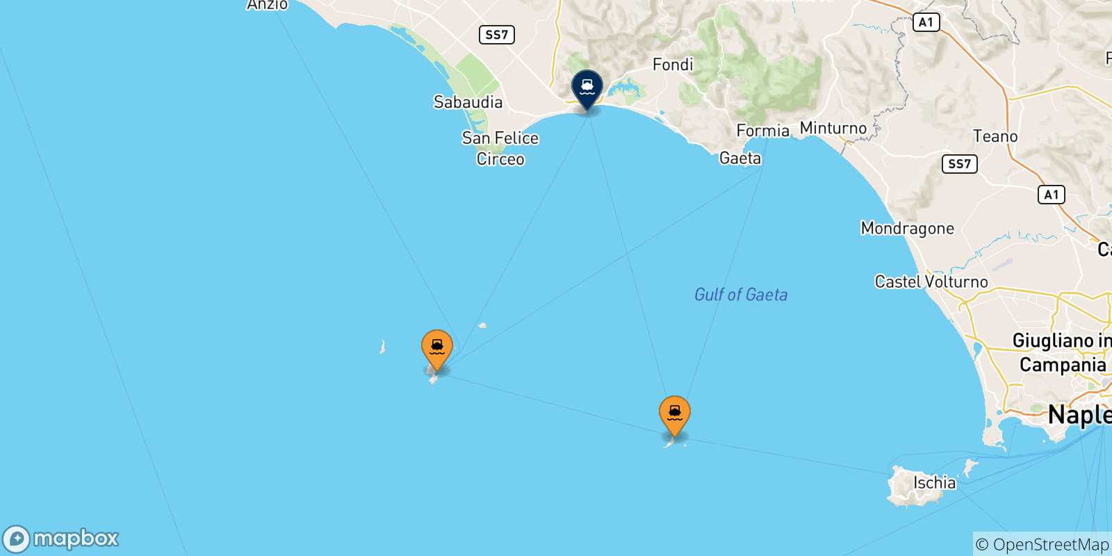 Carte des traversées possibles entre Îles Pontines et Terracina