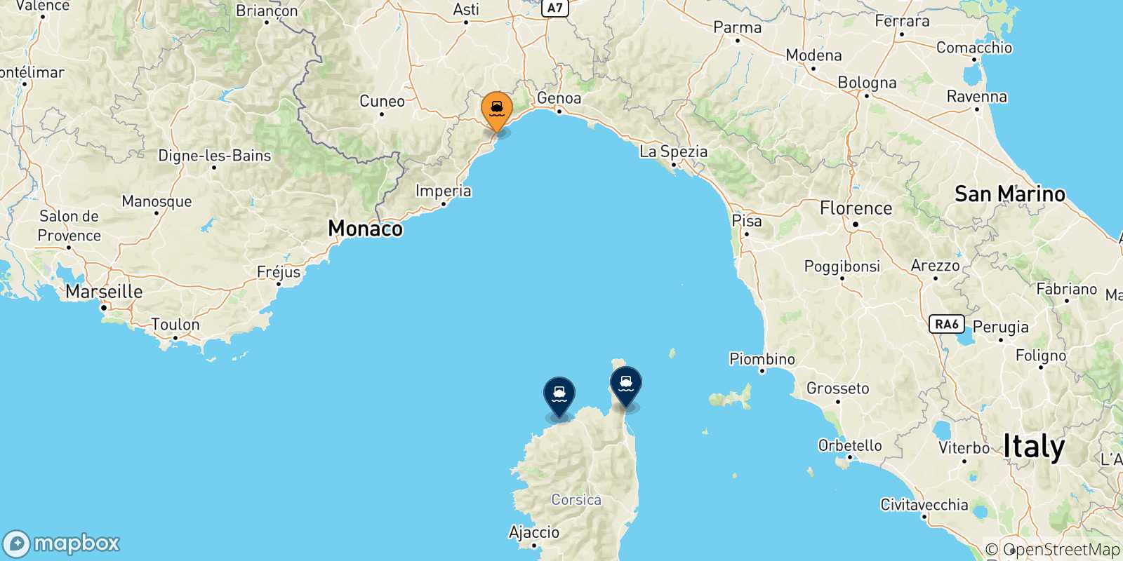 Carte des traversées possibles entre Savone et la Corse