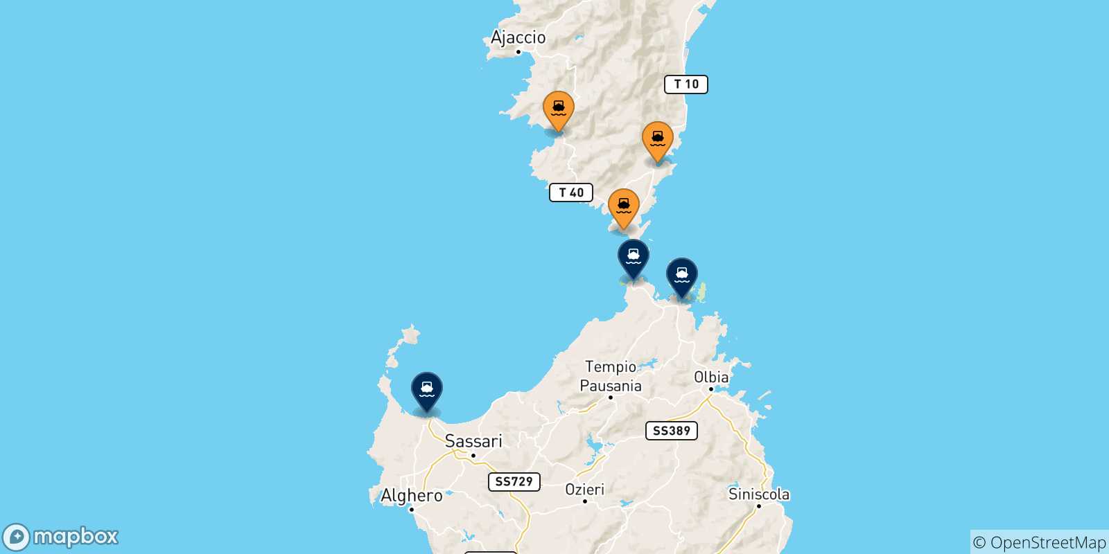 Carte des traversées possibles entre la Corse et la Sardaigne