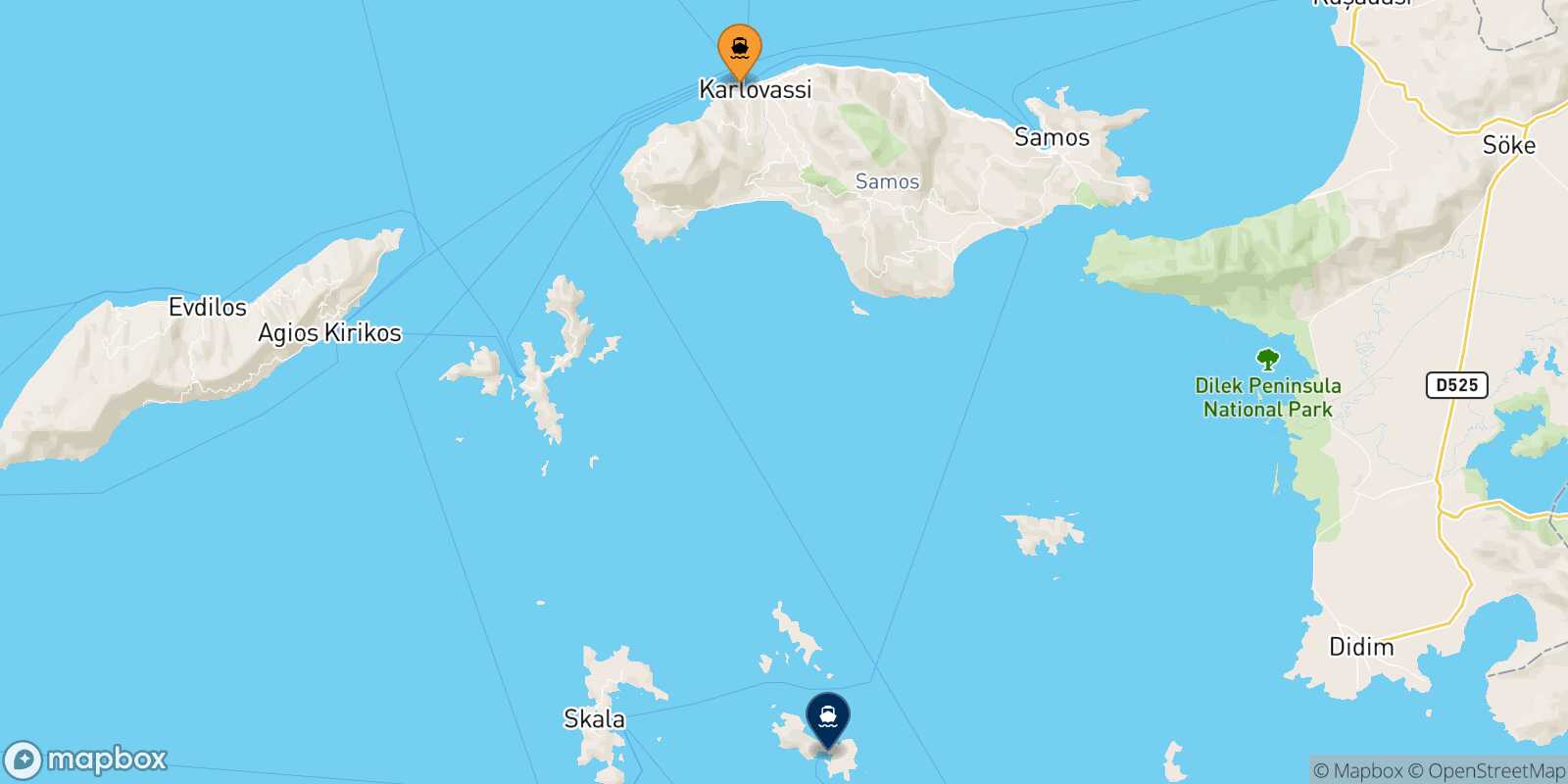 Carte des traverséesPythagorio (Samos) Lipsi