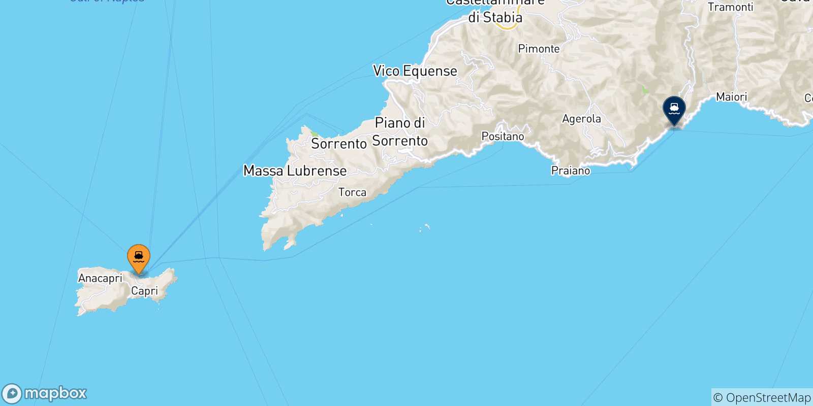 Carte des traversées possibles entre le Golf De Naples et Amalfi